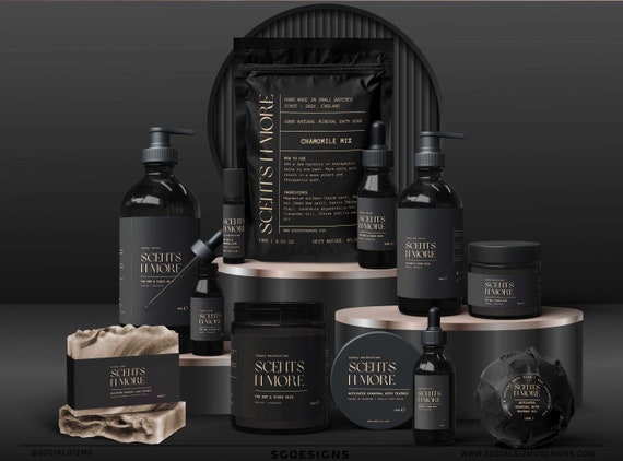 Black DIY Skincare Labels, Luxury Beauty Labels, Minimal Black Cosmetic Labels, Modern Black Cosmetic Label Template, Black Gold Labels #017