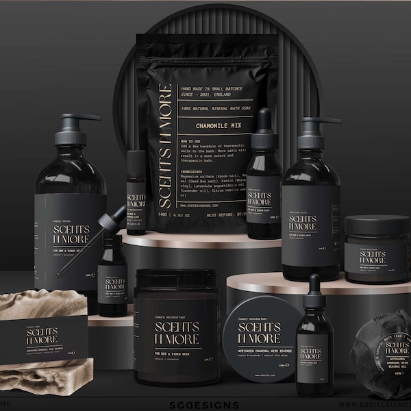 Black DIY Skincare Labels, Luxury Beauty Labels, Minimal Black Cosmetic Labels, Modern Black Cosmetic Label Template, Black Gold Labels #017