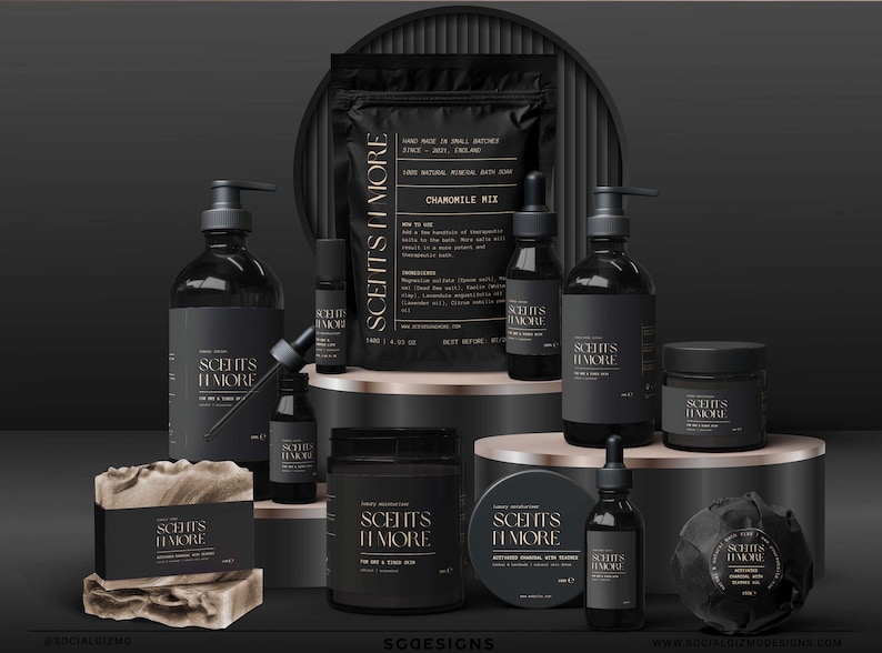 May include: A collection of black and gold bath and body products with the brand name "Scents II More". The products include bath salts, soap, body wash, body oil, and bath bombs.