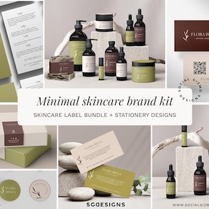 Editable minimal skincare brand kit in Canva featuring coordinated skincare labels, business stationery, stickers, and packaging elements for a beauty small business.