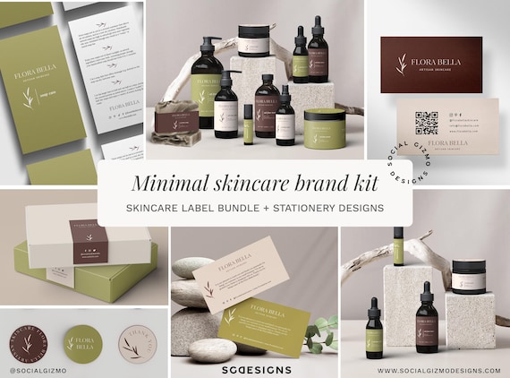 Minimal Skincare Brand Kit Editable in Canva, Beauty Branding Templates with Labels, Stationery and Packaging 079