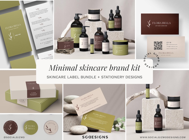 Editable minimal skincare brand kit in Canva featuring coordinated skincare labels, business stationery, stickers, and packaging elements for a beauty small business.