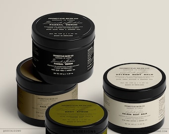 May include: Four black metal tins with gold and white labels. The labels feature the text "Primitive Skin Co" and the names of different products: "Ultimate Hydration Facial Serum", "Hydrating Glow Body Scrub", "Silken Body Balm".