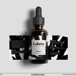 Modern DIY Dropper Label Template, Bold Face Serum Dropper Label Template, Editable Black Skincare Labels, Bold DIY Beauty Label #042