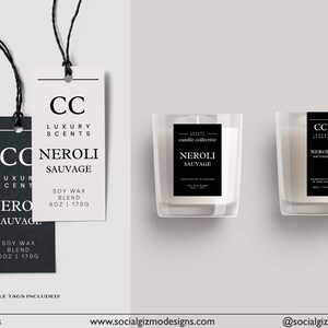 May include: Two black and white candle labels with the text "CC Luxury Scents Nerol&iacute; Sauvage Soy Wax Blend 6 oz | 170g" and two glass candle jars with the text "candle collective Nerol&iacute; Sauvage" on the labels.