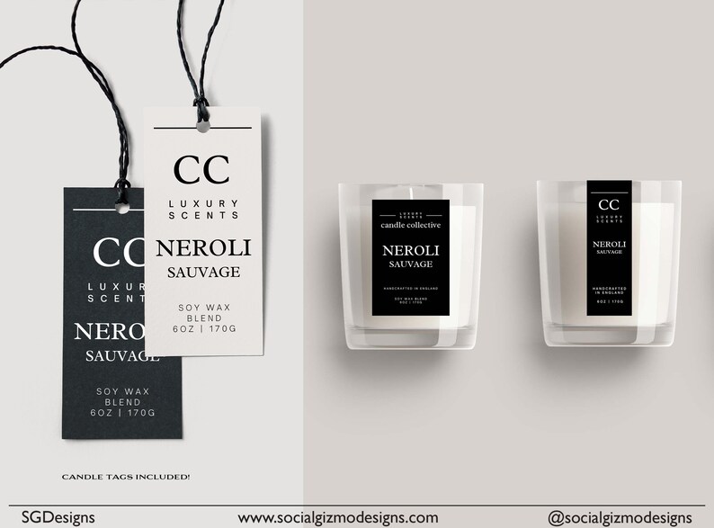 May include: Two black and white candle labels with the text "CC Luxury Scents Nerol&iacute; Sauvage Soy Wax Blend 6 oz | 170g" and two glass candle jars with the text "candle collective Nerol&iacute; Sauvage" on the labels.