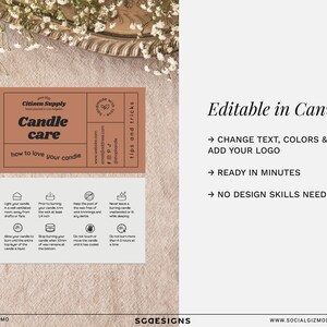 Flat lay mockup showing retro candle care card template variations with playful typography and earthy tones, designed as editable printable inserts for candle packaging.
