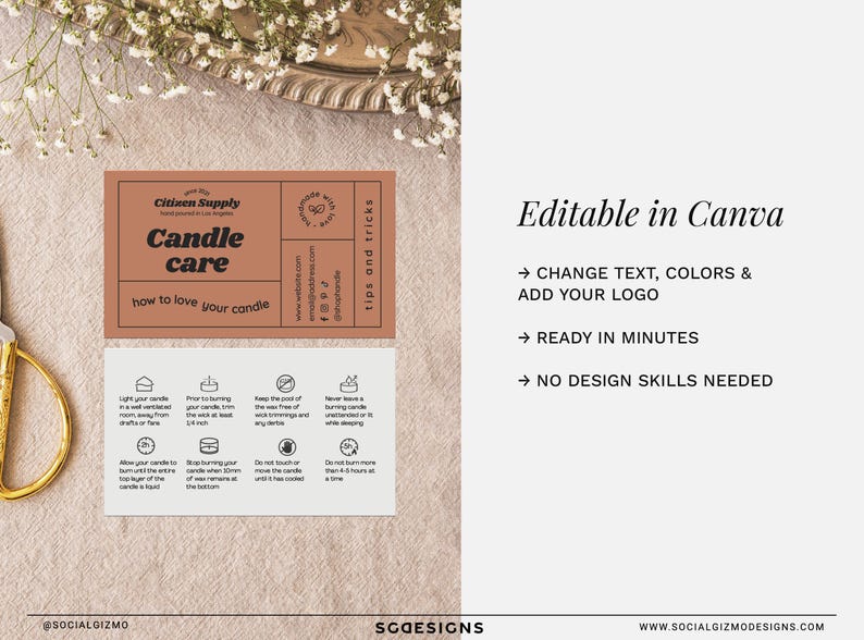 Flat lay mockup showing retro candle care card template variations with playful typography and earthy tones, designed as editable printable inserts for candle packaging.