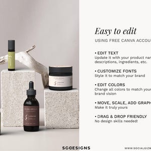 Skincare brand kit overview showing all included templates such as business card, thank you card, soap care card, stickers, box seal labels, and label designs.