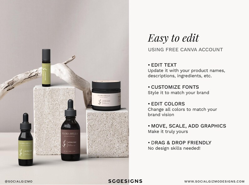 Skincare brand kit overview showing all included templates such as business card, thank you card, soap care card, stickers, box seal labels, and label designs.