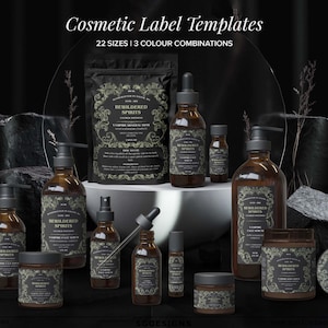 Puede incluir: Plantillas de etiquetas cosméticas con el texto "Cosmetic Label Templates" y "22 SIZES | 3 COLOUR COMBINATIONS". Se muestran botellas, frascos y una bolsa, todos con etiquetas oscuras y diseños ornamentados. Las etiquetas dicen "BEWILDERED SPIRITS".