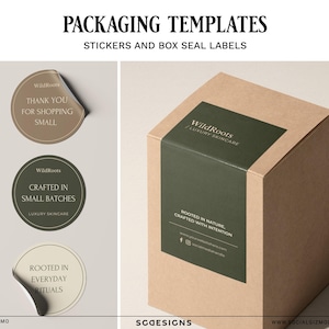 May include: Packaging templates showing stickers and box seal labels. The round stickers have text such as "Thank you for shopping small" and "Crafted in small batches." A brown box has a dark green seal with the brand name and text.