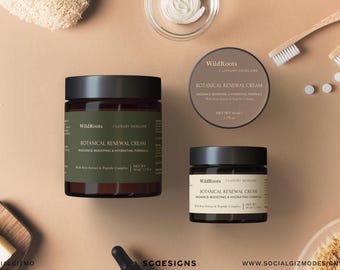 May include: An overhead shot of WildRoots Botanical Renewal Cream skincare products. The image features three jars of cream, a round container, and other skincare accessories. The jars have dark lids and green labels with white text. The background is a neutral tan color.