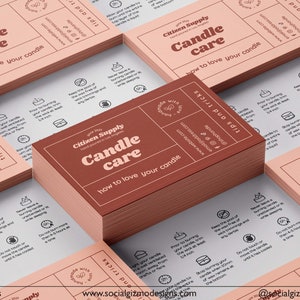 Minimal styled mockup of retro candle care card insert placed on a soft neutral background with candle care instructions visible for small business packaging.