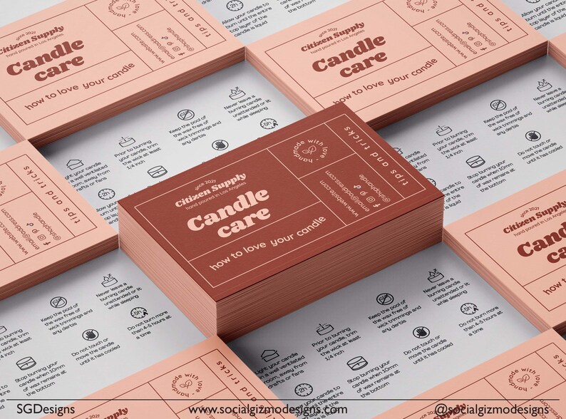 Minimal styled mockup of retro candle care card insert placed on a soft neutral background with candle care instructions visible for small business packaging.