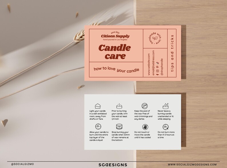 Candle care card template mockup displayed beside botanical styling elements, featuring editable retro packaging insert cards for candle businesses.