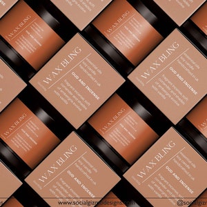 Candle jars and boxes with modern labels in warm orange tones showing cohesive label designs across products