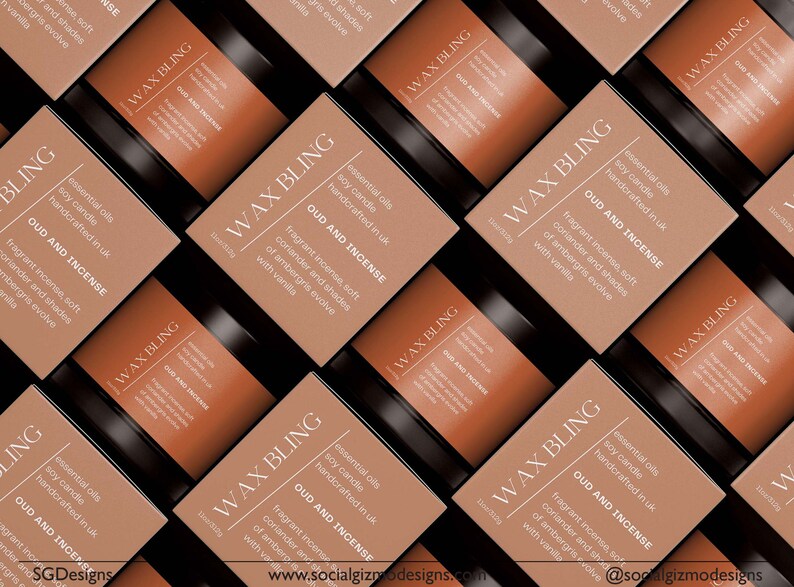 Candle jars and boxes with modern labels in warm orange tones showing cohesive label designs across products