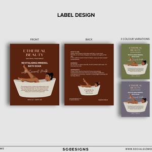 Bath salts pouch label template layout showing multiple label variations for skincare and beauty packaging