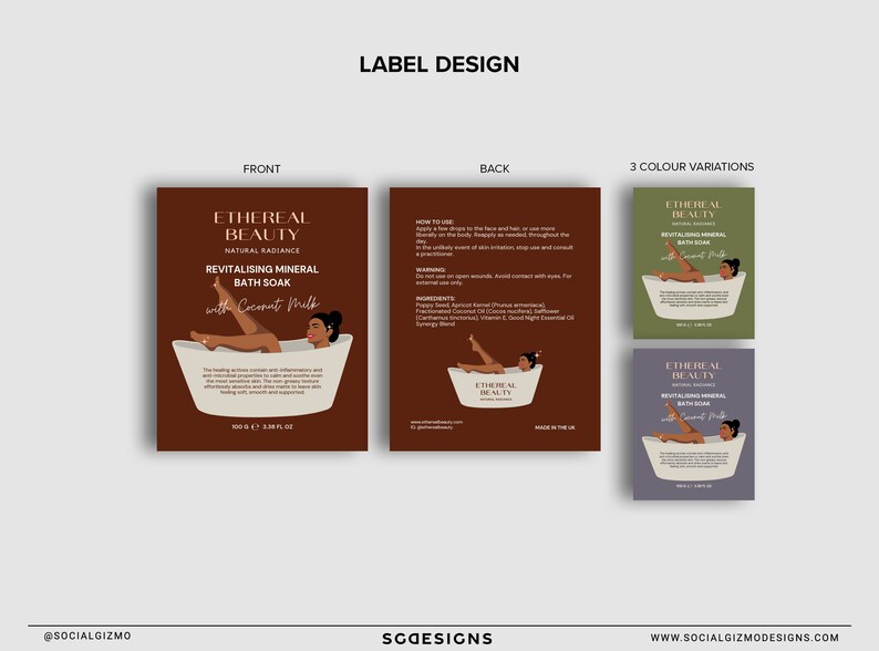 Bath salts pouch label template layout showing multiple label variations for skincare and beauty packaging