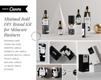 Minimal Black Skincare Branding Kit Editable in Canva, DIY Bold Black Branding Pack for Cosmetics Business #042