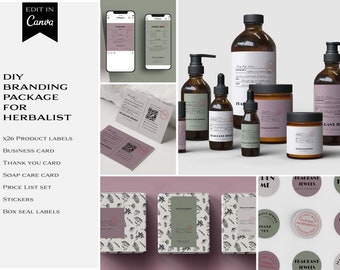 May include: A branding package for a herbalist business. The package includes 26 product labels, a business card, a thank you card, a soap care card, a price list set, stickers, and box seal labels. The labels feature a floral design with a pink and green color scheme.