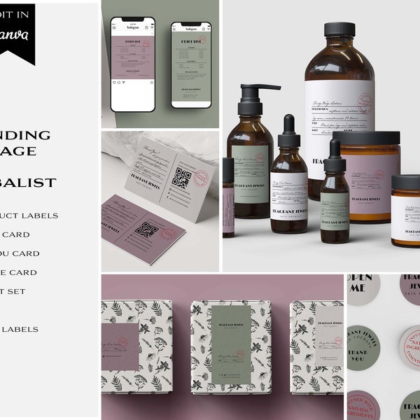 Minimal Apothecary Skincare Branding Templates, DIY Vintage Botanical Skincare Branding Package, Branding Package for Herbalist Business