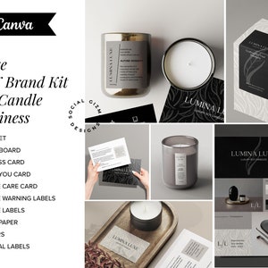Peut inclure: Une trousse de marque pour une entreprise de bougies appelée "Lumina Luxe". La trousse comprend un logo, un tableau de marque, des cartes de visite, des cartes de remerciement, des cartes d'entretien des bougies, des étiquettes d'avertissement pour les bougies, des étiquettes de bougies, du papier de soie, des autocollants et des étiquettes de scellé de boîte. La marque est moderne et minimaliste avec un schéma de couleurs noir et blanc.