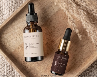 Modelos de rótulos para conta-gotas editáveis no Canva, rótulos minimalistas para cuidados com a pele com inspiração botânica, rótulos para frascos de sérum e óleo facial 079