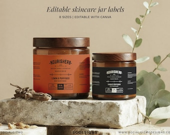 Editable Cosmetic Jar Label Template, Skincare Jar Labels Canva, Body Butter Label Template, Wrap Around Jar Label 022