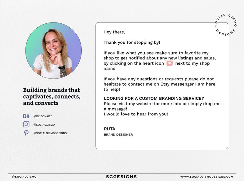 May include: A graphic design business card with a photo of a woman, the text "Building brands that captivates, connects, and converts" and the text "Looking for a custom branding service? Please visit my website for more info or simply drop me a message! I would love to hear from you!"