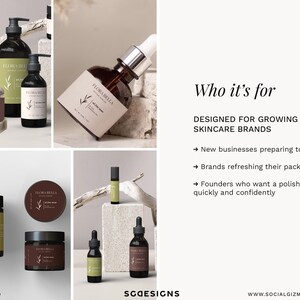 Who it’s for image showing minimal skincare brand kit templates designed for growing skincare brands launching or refreshing their packaging.