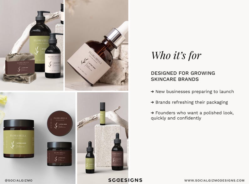 Who it’s for image showing minimal skincare brand kit templates designed for growing skincare brands launching or refreshing their packaging.