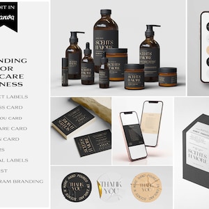 May include: A branding kit for a skincare business with the name "Scents It More". The kit includes product labels, business cards, thank you cards, soap care cards, coupon cards, stickers, box seal labels, a price list, and Instagram branding.