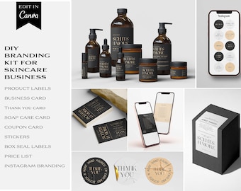 Black Skincare Branding Kit Canva Templates: Cosmetic Label Set, Luxury Beauty Packaging, Business Card & Instagram Kit  017