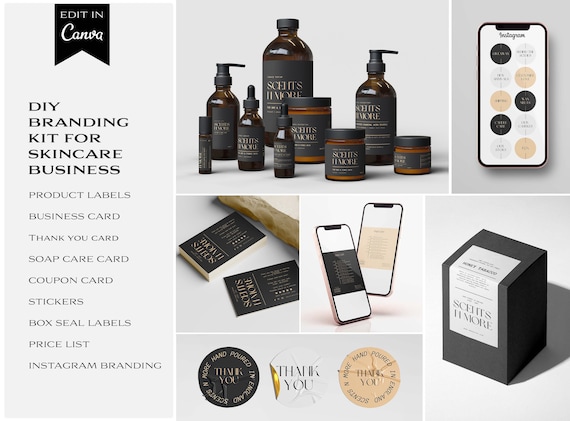 Black Skincare Branding Kit Canva Templates: Cosmetic Label Set, Luxury Beauty Packaging, Business Card & Instagram Kit  017