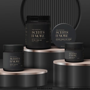 May include: Three black jars with gold lettering that reads "Scent's It More" on a black and rose gold platform. The jars are labeled "Luxury Moisturizer" and contain different formulas for dry and tired skin, activated charcoal with tea tree, and a general moisturizer.