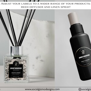 May include: Two black bottles with white labels. The labels have a floral design and the text "sweet essences" and "VIOLET & HONEY". One bottle is a reed diffuser and the other is a linen spray.