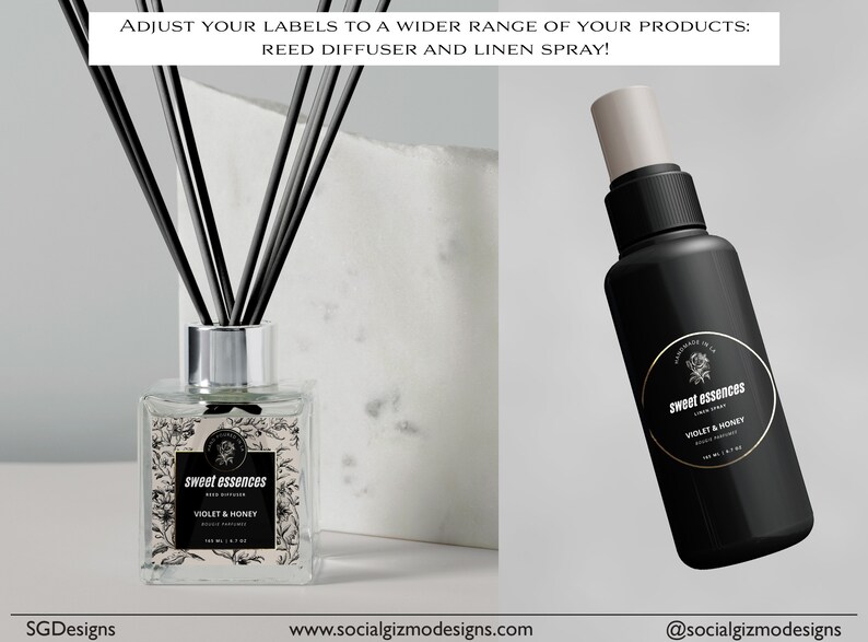 May include: Two black bottles with white labels. The labels have a floral design and the text "sweet essences" and "VIOLET & HONEY". One bottle is a reed diffuser and the other is a linen spray.