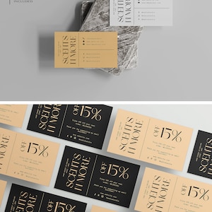 May include: Six different coupon cards with a black and beige background. The cards feature the text "SCENTS IN MORE" and "15% OFF" in a gold font. The text "Enjoy 15% off your next order. WELCOME!" is also included on the cards. The cards are designed for a small business.