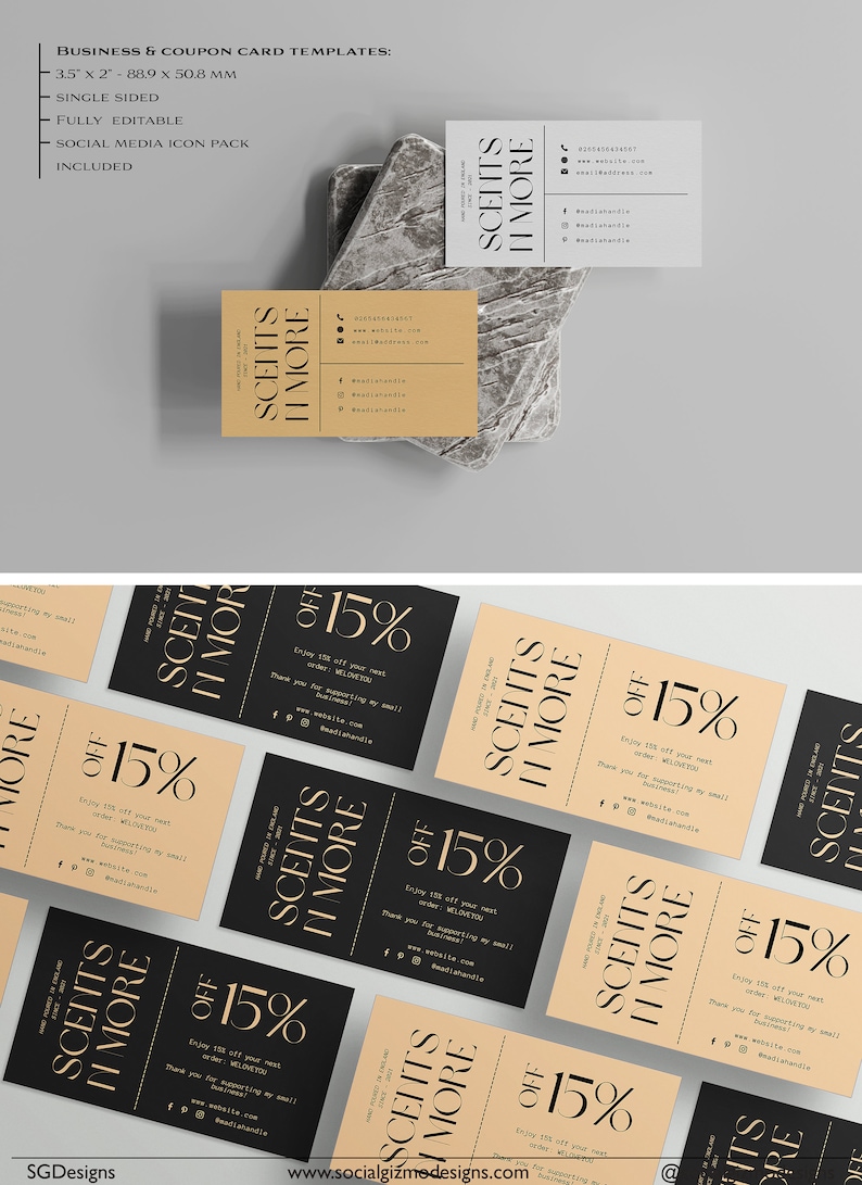 May include: Six different coupon cards with a black and beige background. The cards feature the text "SCENTS IN MORE" and "15% OFF" in a gold font. The text "Enjoy 15% off your next order. WELCOME!" is also included on the cards. The cards are designed for a small business.