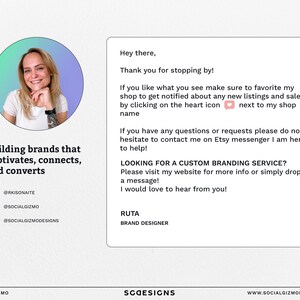 K&ouml;nnte beinhalten: Eine Visitenkarte f&uuml;r Grafikdesign mit einem Foto einer Frau, dem Text "Building brands that captivates, connects, and converts" und dem Text "Looking for a custom branding service? Please visit my website for more info or simply drop me a message! I would love to hear from you!"