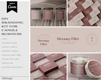 May include: A branding kit for a candle business, featuring candle labels, business cards, and logos. The design includes candle jars, business cards, and a candle tin with the text "Dreamy Flirt" and "Wood Smoke Vanilla".