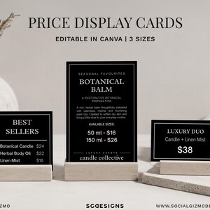 May include: Three black rectangular price display cards with white text, held in light wood stands. The cards feature headings like BEST SELLERS, BOTANICAL BALM, and LUXURY DUO, listing product names and prices. The text includes editable details.