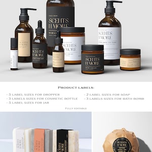 May include: A set of product labels for a line of bath and body products called "Scent's II More". The labels are in various sizes for dropper bottles, cosmetic bottles, and jars. The labels are black with gold lettering. The products include a luxury serum, a body moisturizer, a bath bomb, and a soap. The labels are fully editable.