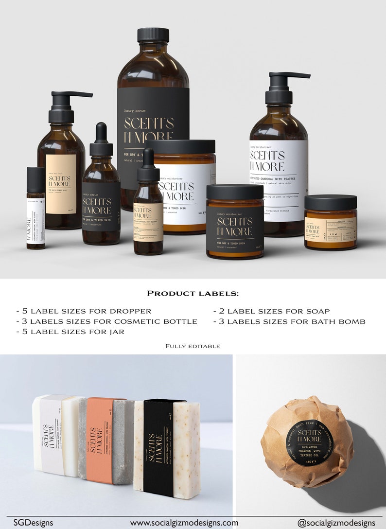 May include: A set of product labels for a line of bath and body products called "Scent's II More". The labels are in various sizes for dropper bottles, cosmetic bottles, and jars. The labels are black with gold lettering. The products include a luxury serum, a body moisturizer, a bath bomb, and a soap. The labels are fully editable.