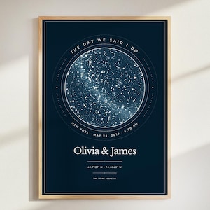 Puede incluir: Una lámina decorativa vertical enmarcada con fondo azul marino oscuro y un mapa estelar circular. El texto dice THE DAY WE SAID I DO, NEW YORK - MAY 24, 2019 - 8:30 AM, Olivia & James, 40.7127 N 74.0060 W y THE STARS ABOVE US.