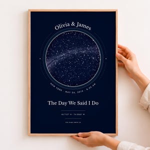 Puede incluir: Un póster vertical enmarcado con fondo azul oscuro que presenta un mapa estelar circular. El texto incluye Olivia & James, New York, 24 de mayo de 2019, 8:30 AM, The Day We Said I Do, coordenadas 40.7127 N - 74.0060 W y The Stars Above Us.