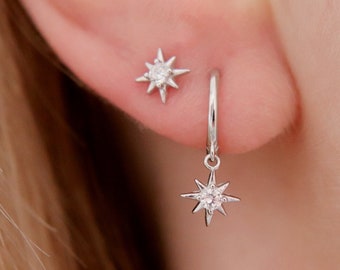 Sterling Silver North Star Starburst with CZ Crystal Dangle & Drop Earrings, Star Huggie Hoops, Celestial Design Jewellery