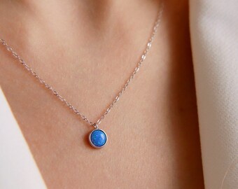 Sterling Silver Blue Opal Pendant Necklace, Fire Opal Round Ball Necklace, Dainty Silver Necklace, Silver Opal Necklace, Gift for Her